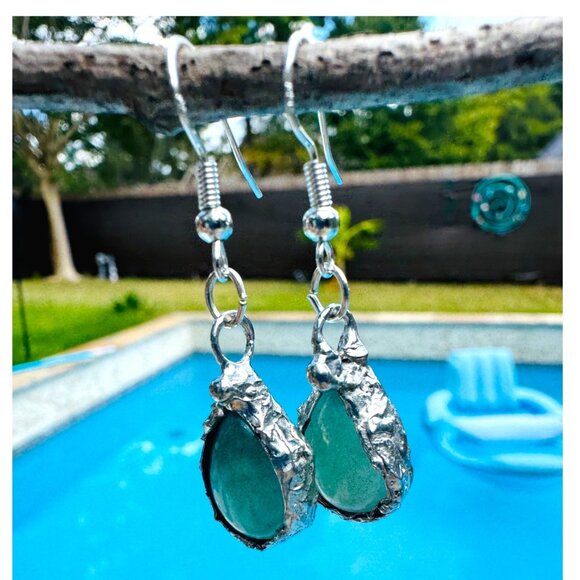 Green Aventurine Teardrop Earrings With Artisan Silver Blend  Bezels & 925 Hooks - Picture 8 of 13